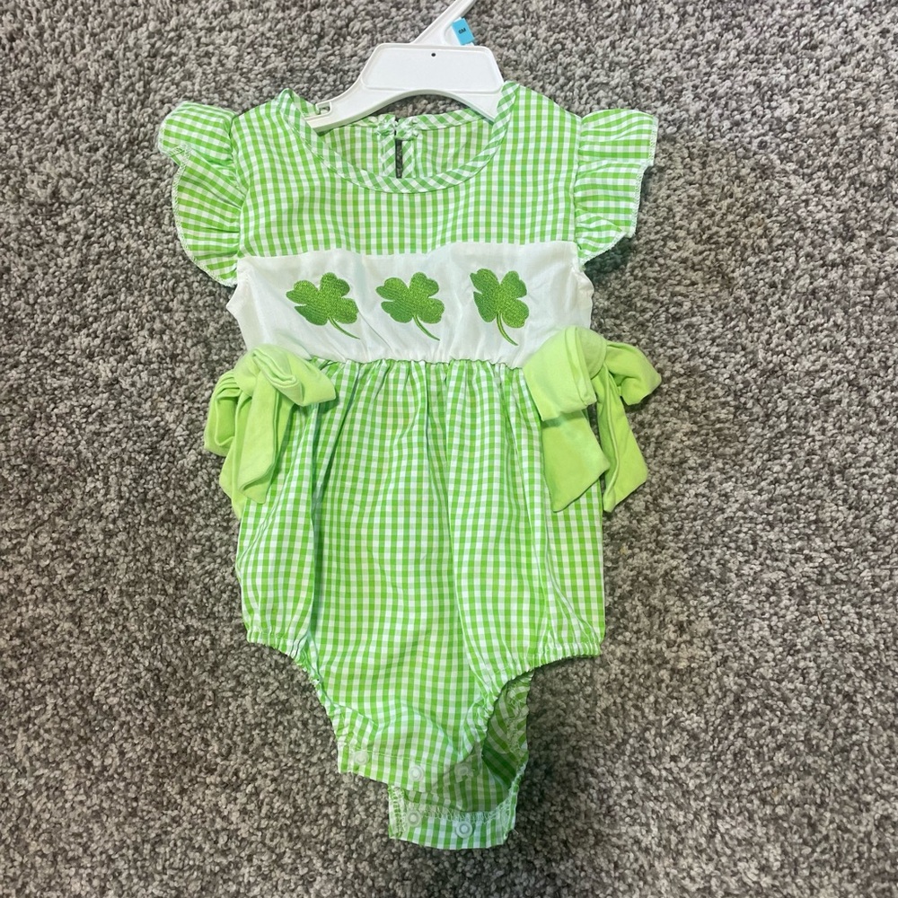 Green Gingham Baby Romper with Shamrock Design